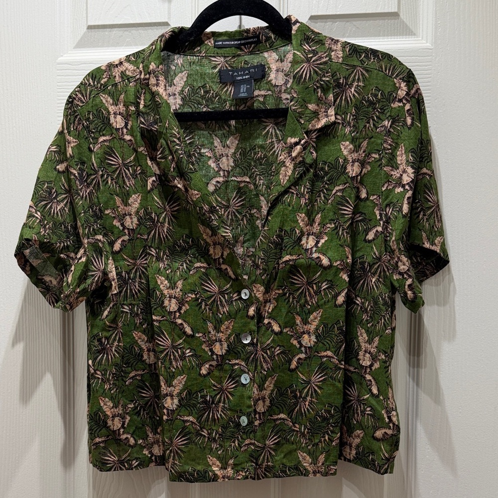 Tahari Green and Brown Linen Shirt
